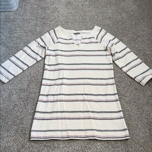 Lilla P medium, 3/4 sleeve off-white v neck dress with pink and black striped M